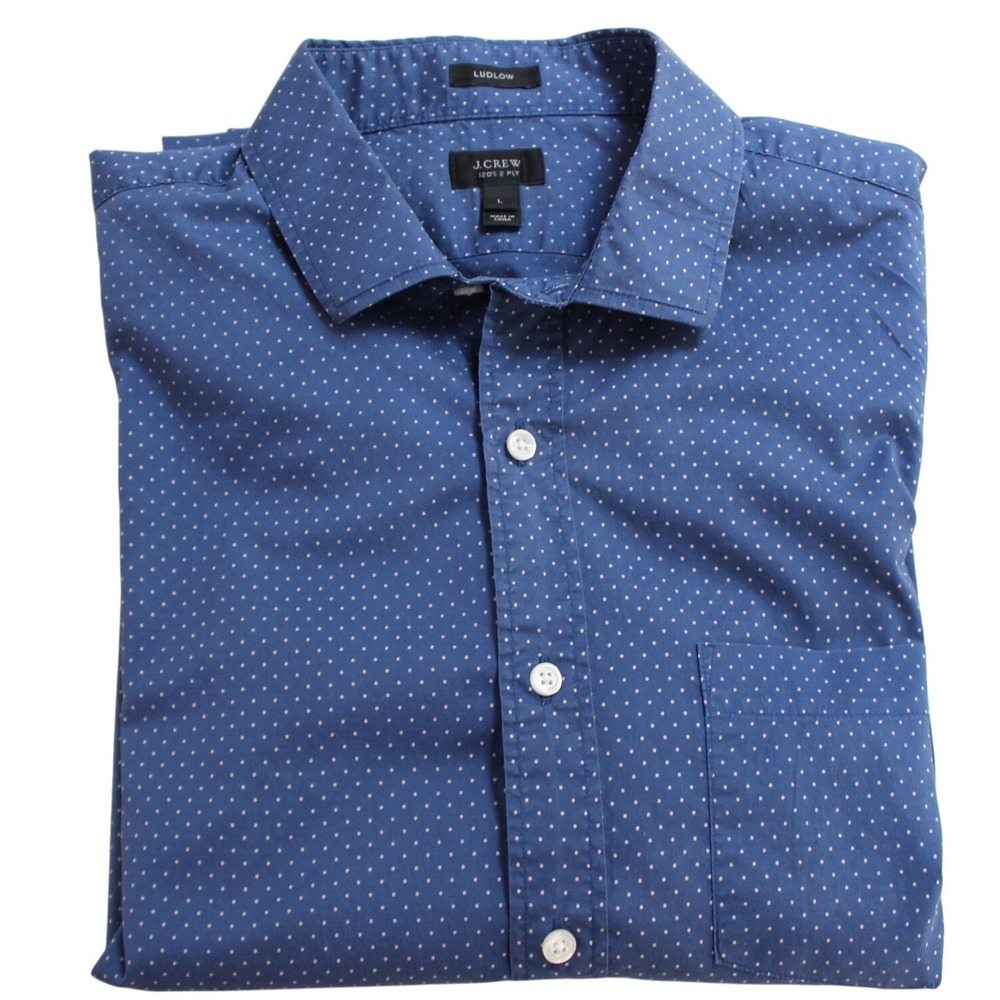 J.Crew Ludlow Mens Large Blue Shirt White Polka Dot 120s 2-Ply Cotton 07124